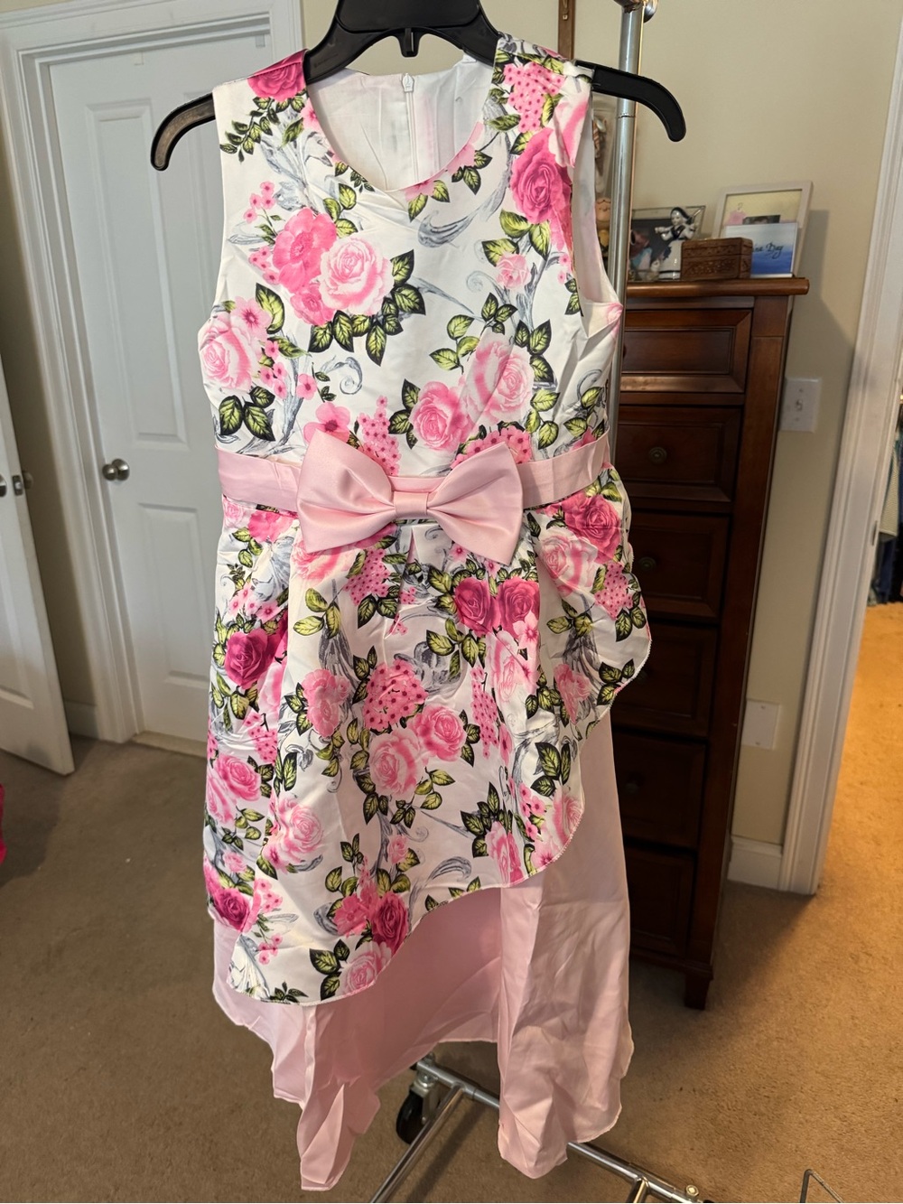 Girls Pink Floral Bow-Accent High-Low Dress